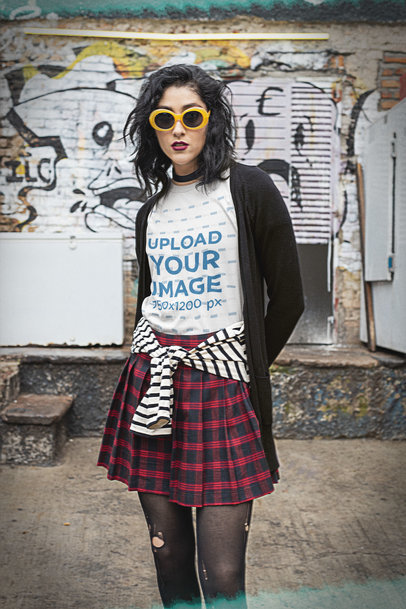 90s-Inspired T-Shirt Mockup Featuring a Woman with a Goth Style