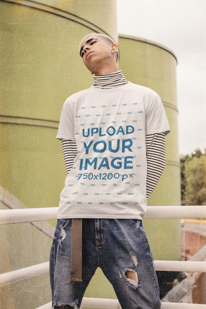 90s-Themed Mockup of a Young Man in an Industrial Site