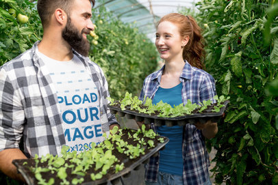 T-Shirt Mockup of a Bearded Man Working in a Greenhouse