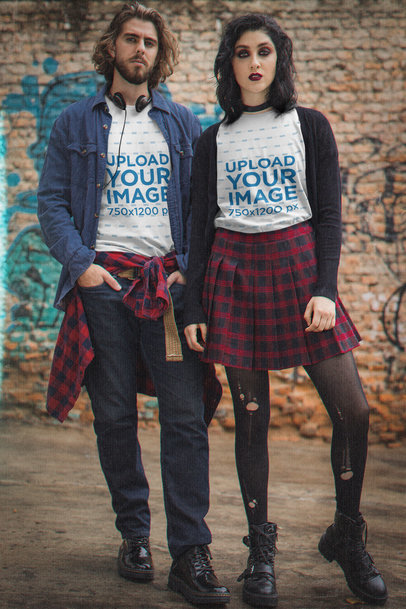 T-Shirt Mockup of a Man and a Woman in Dark Grunge-Aesthetic Outfits M12540
