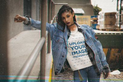 Retro T-Shirt Mockup Featuring a Serious Woman With a 90s Grunge Style 