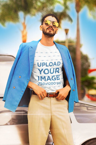 T-Shirt Mockup Featuring a Fancy Man from the '80s