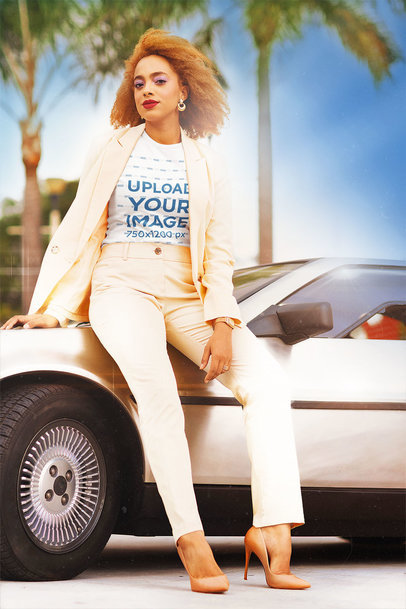 T-Shirt Mockup of a Fabulous Woman with an '80s Aesthetic