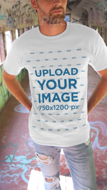 T-Shirt Video of a Man Walking Inside an Abandoned Wagon