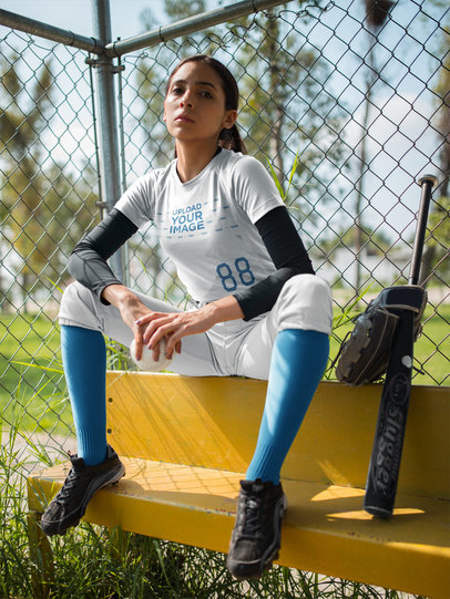 Custom Softball Jerseys - Girl Sitting on a Bench Near the Bat and Glove a16723