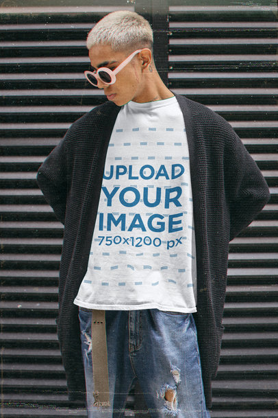 T-Shirt Mockup of a Man with Sunglasses in a 90's Grunge Outfit