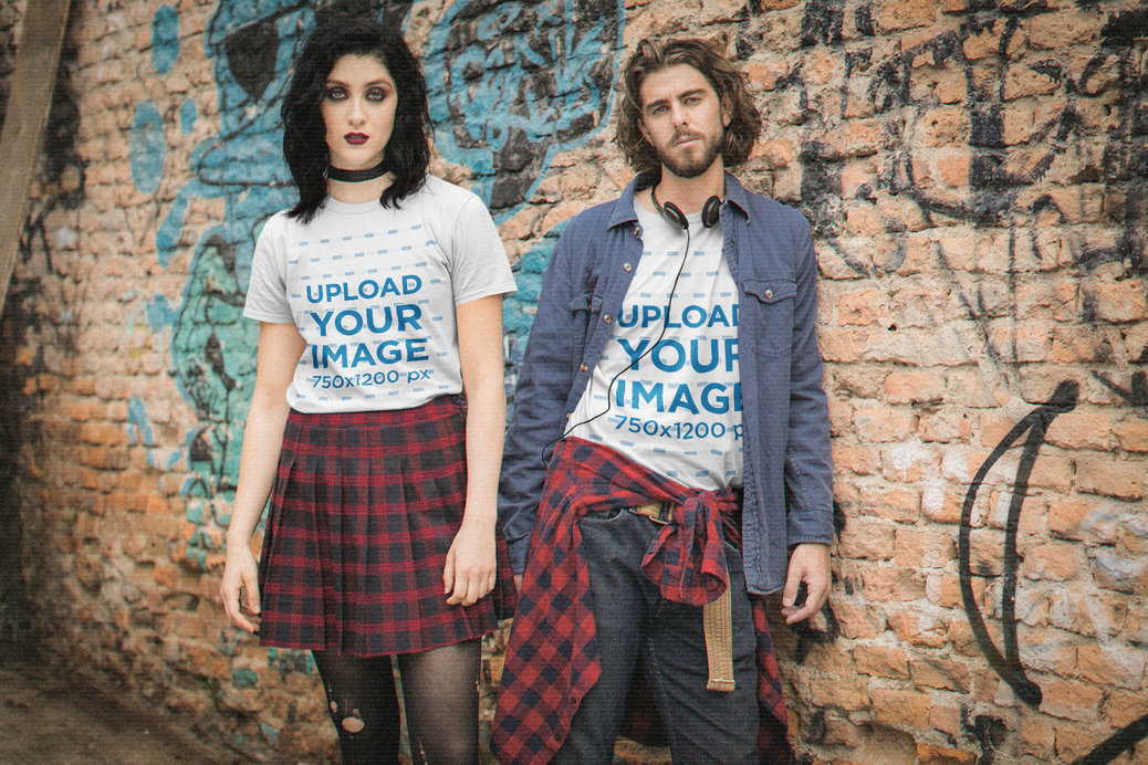 T-Shirt Mockup of a Couple Wearing Dark Grunge-Inspired Outfits