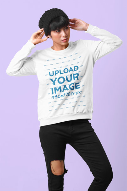 Sweatshirt Mockup Featuring a Short-Haired Woman With a Beanie