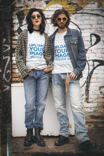 T-Shirt Mockup of a Couple in Matching 90's Grunge Outfits T-Shirt Mockup of a Couple in Matching 90's Grunge Outfits