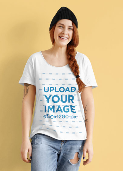 T-Shirt Mockup Featuring a Woman With a Braid in a Studio