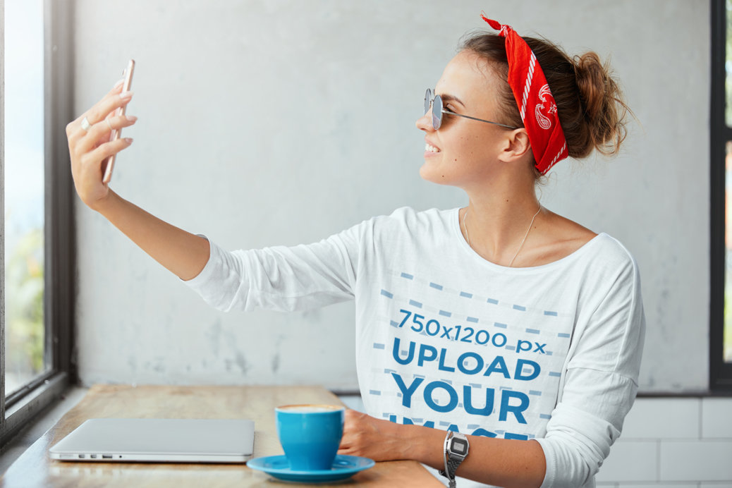 Long Sleeve Tee Mockup of a Woman Taking a Selfie