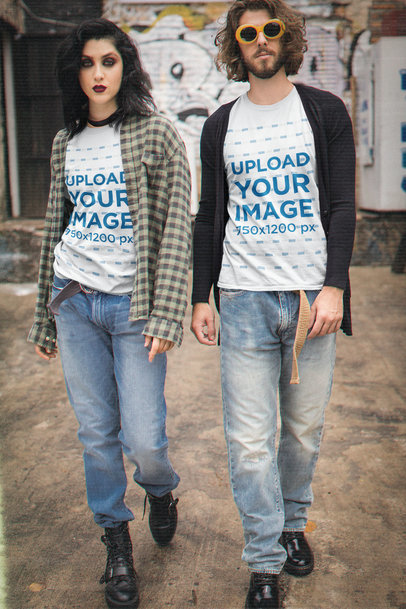 Round-Neck Tee Mockup of a Couple in Grunge-Aesthetic Outfits