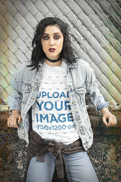 90s-Styled T-Shirt Mockup Featuring a Serious Woman 