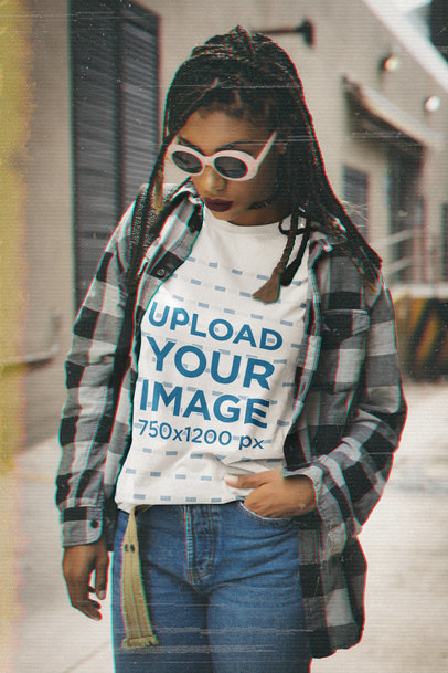 T-Shirt Mockup of a Woman Wearing a Grunge-Inspired Outfit