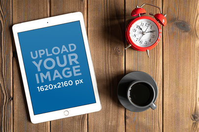 iPad Mockup Featuring a Clock and a Cup of Coffee m12446-r-el2