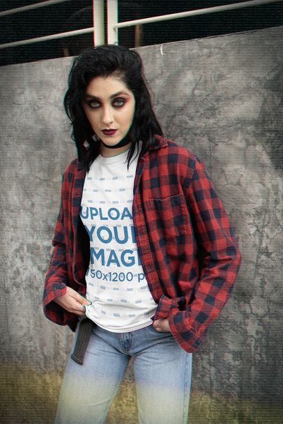T-Shirt Mockup of a Fierce Woman Wearing a Grunge-Style Outfit