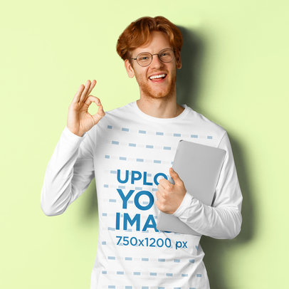 Mockup of a Man with Glasses Wearing a Round-Neck Long Sleeve Tee