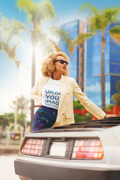 80s-Themed T-Shirt Mockup of a Woman Posing with a Retro Car
