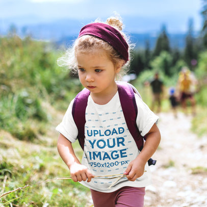 Round-Neck T-Shirt Mockup of Cute Little Girl Hiking m13204 r-el2