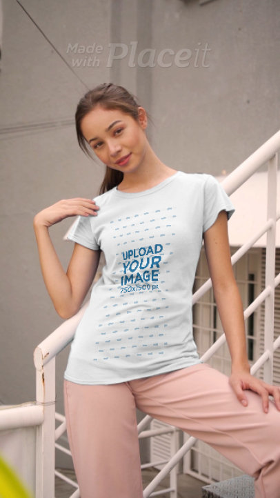 T-Shirt Video Featuring a Woman Walking Down Some Stairs