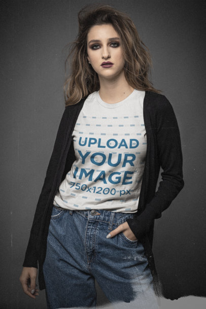 Bella Canvas T-Shirt Mockup Featuring a Serious Young Woman at a Studio