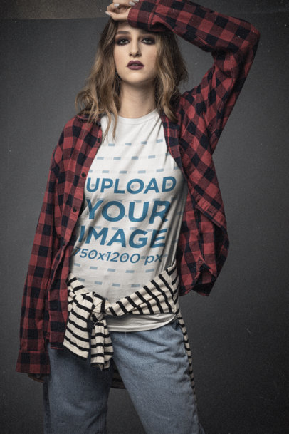 90s-Styled T-Shirt Mockup Featuring a Young Woman Wearing a Bella Canvas T-Shirt 