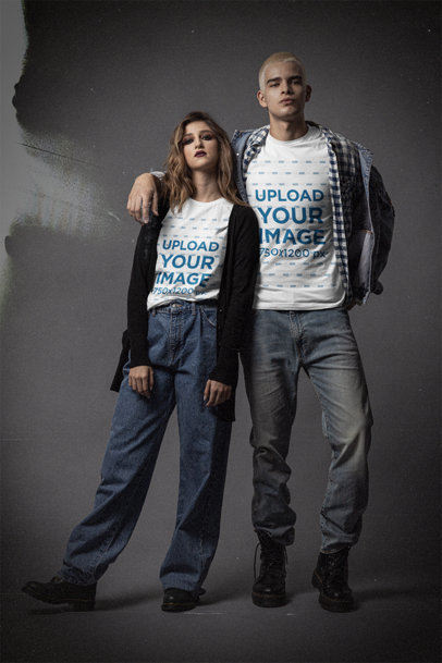 Mockup of a Couple Wearing Bella Canvas T-Shirts with a 90's Grunge Style
