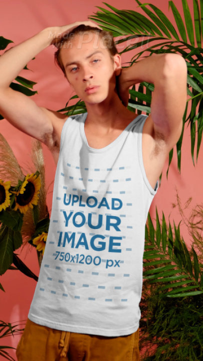 Tank Top Video Featuring a Young Man Surrounded by Tropical Plants and Sunflowers
