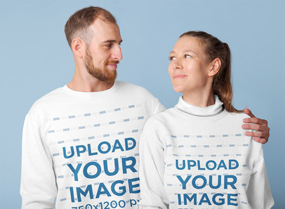 Crewneck Sweatshirt Mockup Featuring a Happy Couple Hugging