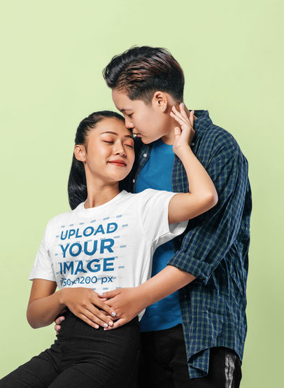 Round-Neck Tee Mockup of a Romantic LGBTQ Couple at a Studio
