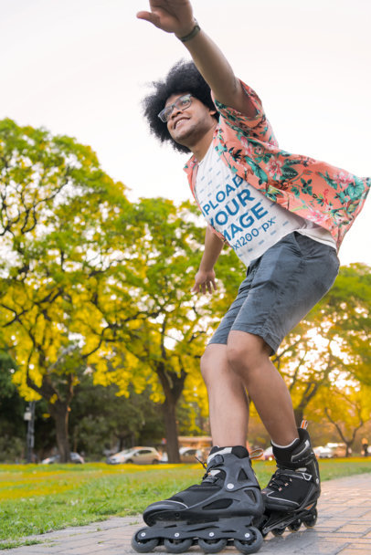 T-Shirt Mockup Featuring a Happy Man Roller Skating at a Park