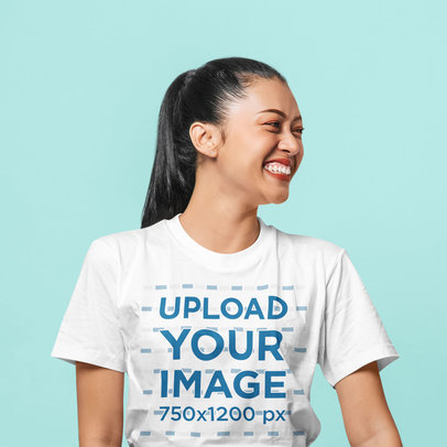 Round-Neck T-Shirt Mockup Featuring a Woman Smiling at a Studio