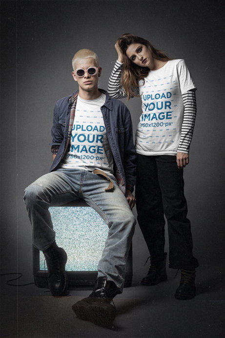 Bella Canvas Tee Mockup of a Couple at a Studio with 90's Grunge Outfits