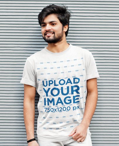 Round-Neck Tee Mockup Featuring a Smiling Man with a Beard