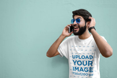 T-Shirt Mockup of a Joyful Bearded Man on the Phone