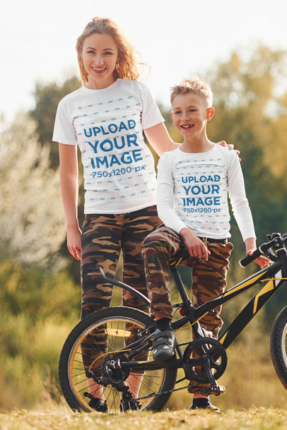 T-Shirt Mockup Featuring a Woman and Her Son Wearing Camo Garments