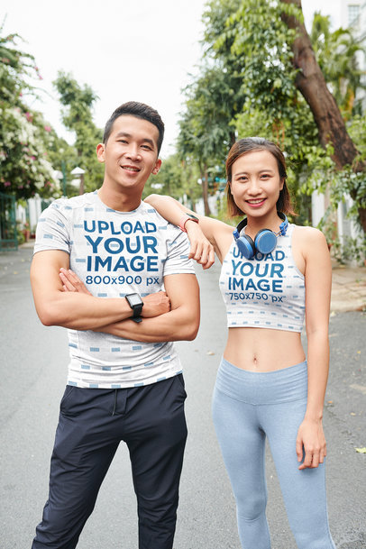 T-Shirt and Crop Top Mockup of an Athletic Couple of Runners M8350-r-el2