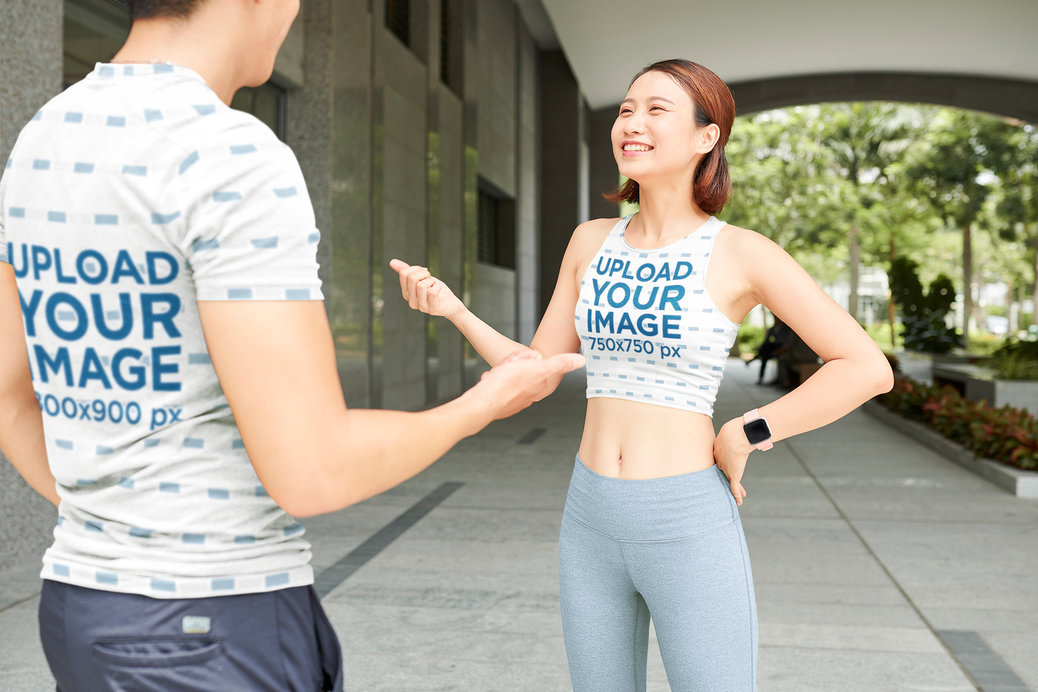 Crop Top and T-Shirt Mockup Featuring a Woman and a Man Talking