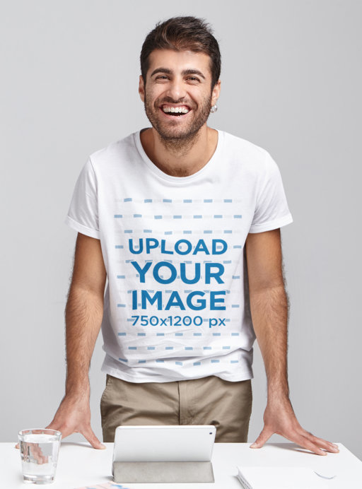 T-Shirt Mockup Featuring a Bearded Man Laughing