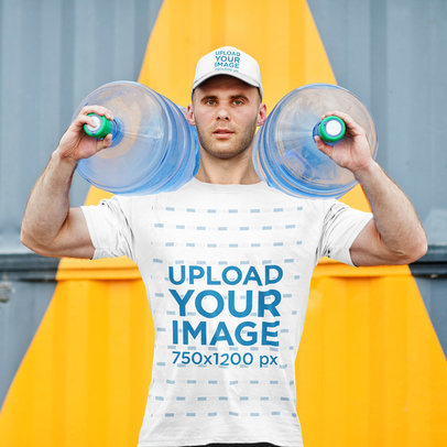 T-Shirt and Dad Hat Mockup of a Delivery Man Carrying Two Bottles of Water m5280 r-el2