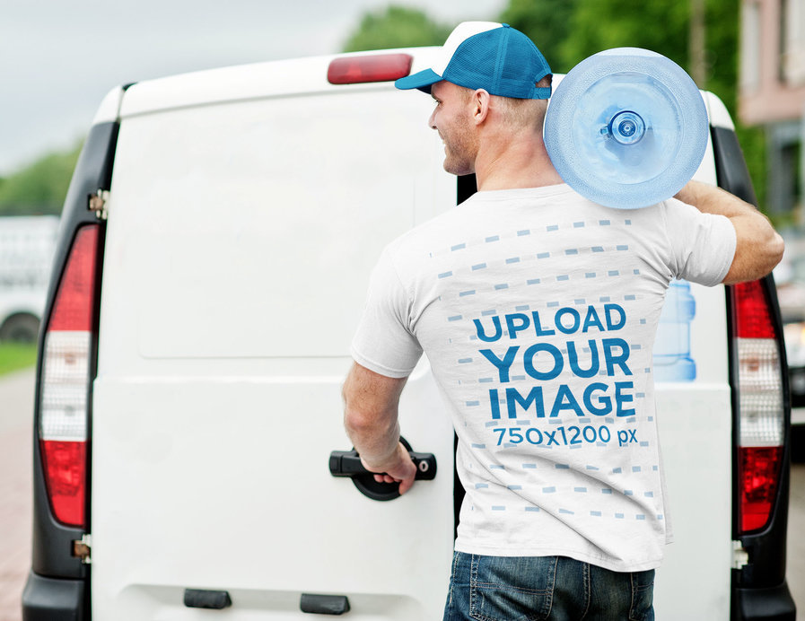 Back-View Tee Mockup of a Man Carrying a 5 Gallon Water Jug