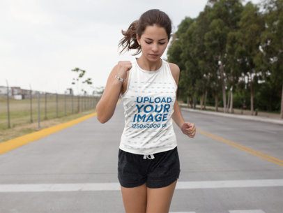 Sleeveless Shirt Mockup of a Woman Running on the Street Wearing Custom Sports Apparel