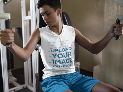 Fitness Mockup of a Teen Boy at the Gym Wearing Sleeveless Shirt