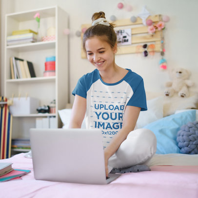 Raglan T-Shirt Featuring a Happy Woman Working in Her Bedroom