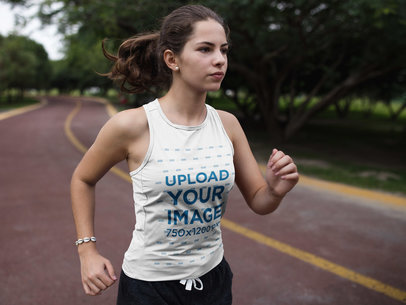 Sleeveless Shirt Mockup of a Woman Running at a Running Track while Wearing Custom Sportswear