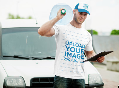 T-Shirt and Trucker Hat Mockup Featuring a Happy Worker Man Carrying a Bottle of Water m5295 r-el2