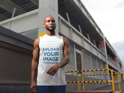 Sleeveless Shirt Mockup of a Man in an Industrial Area