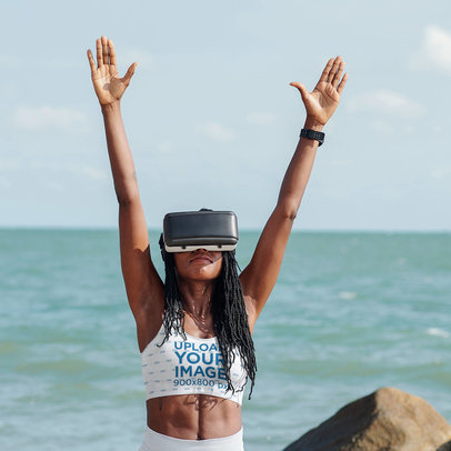 Mockup of a Woman with a Sports Bra Practicing Yoga With a VR Set