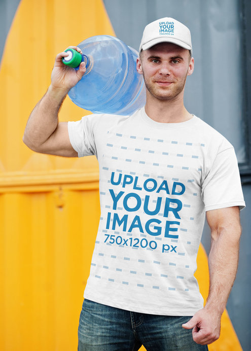 T-Shirt and Dad Hat Mockup Featuring a Man Carrying a Water Jug