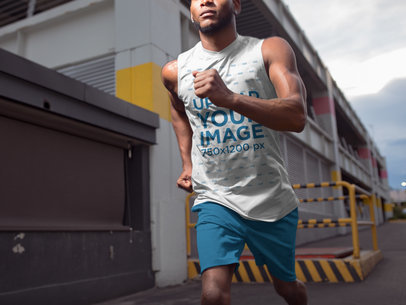 Sleeveless Shirt Mockup of a Fitness Man Running at an Industrial Area